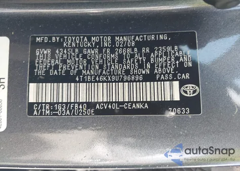 2009 Toyota Camry Le из США, поврежденный, VIN 4T1BE46KX9U796896